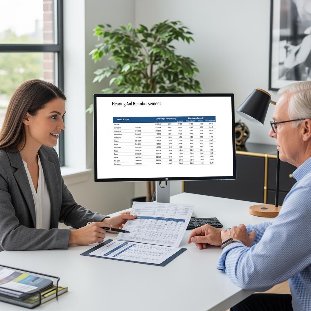conseillère en mutuelle expliquant un tableau de remboursements à un client, écran affichant “Remboursement appareil auditif”, bureau lumineux.