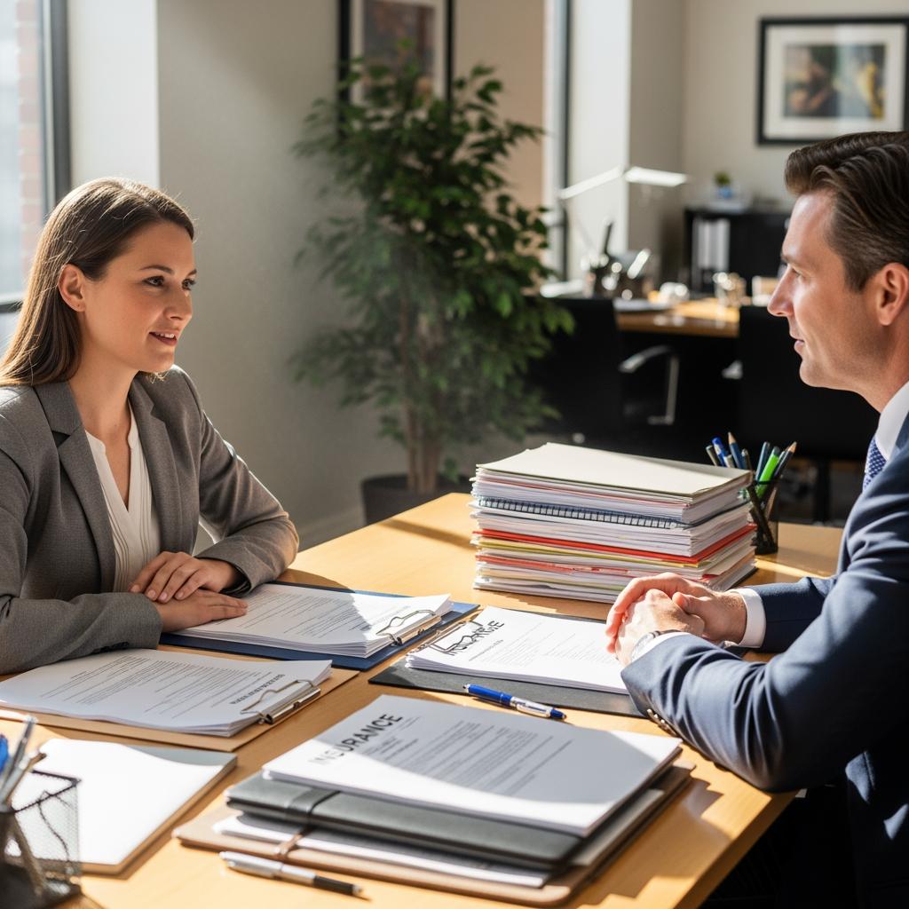 enseignante parlant avec une conseillère en assurance dans un bureau clair, documents de mutuelle sur la table