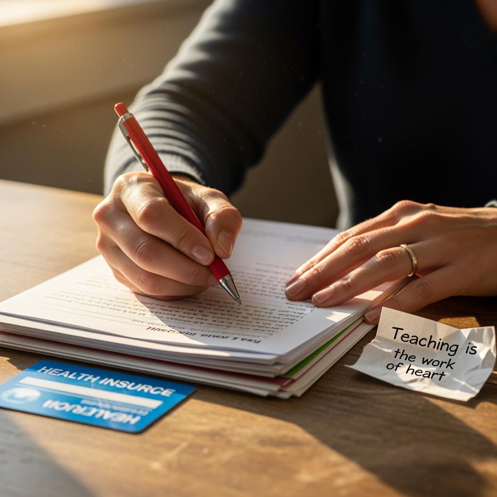 mains d’un professeur corrigeant des copies, avec une carte de mutuelle et un devis santé posés à côté