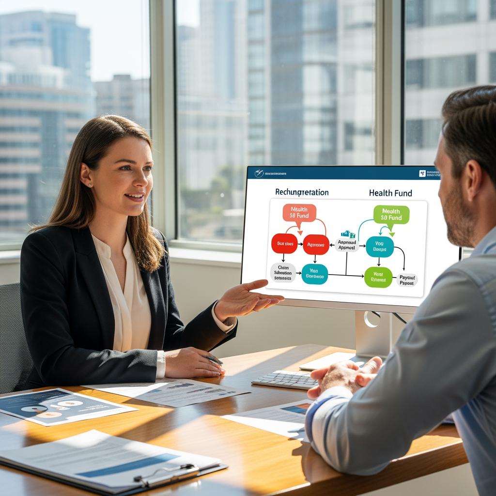 une conseillère en assurance expliquant à un client la gestion de deux mutuelles, bureau lumineux, écran affichant schéma de remboursement.