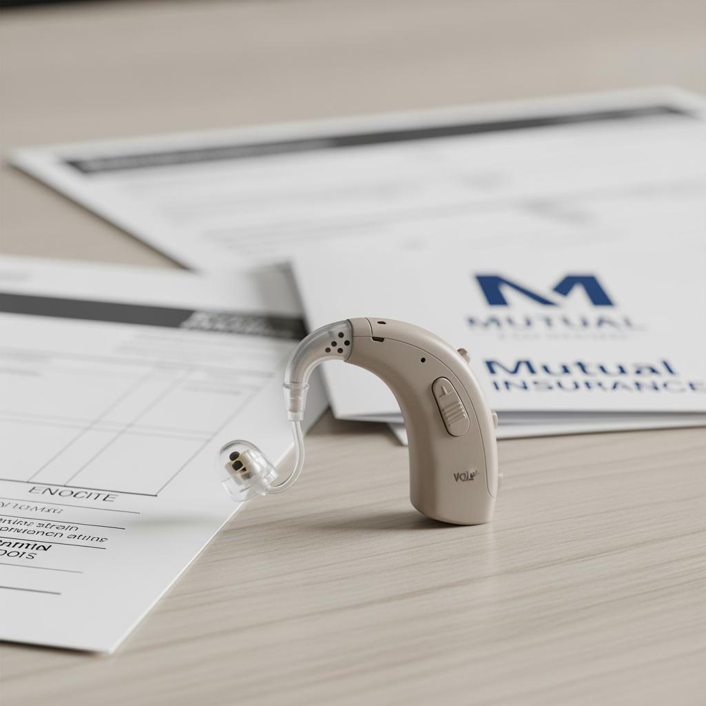 appareil auditif numérique posé sur une table en bois clair, facture et documents de mutuelle en arrière-plan, profondeur de champ nette.