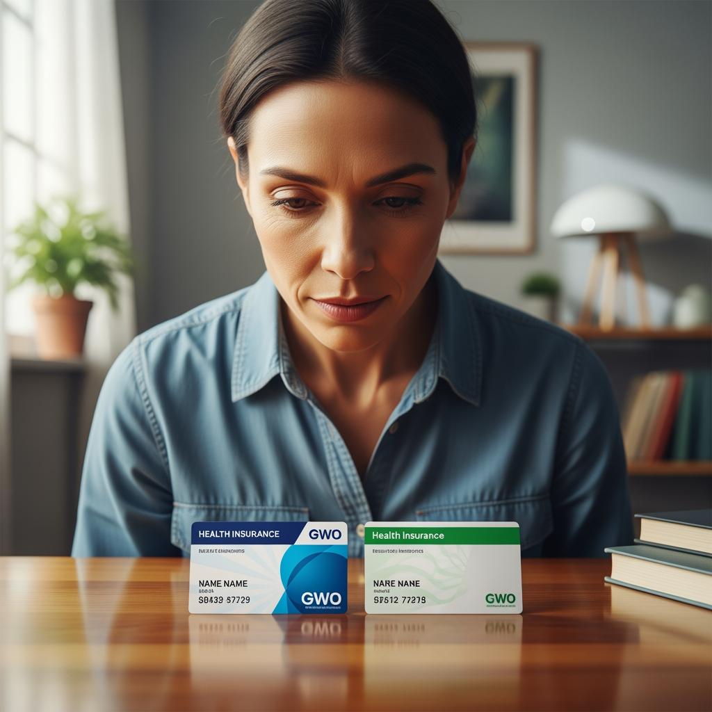 ssuré consultant deux cartes de mutuelle posées sur une table, lumière naturelle